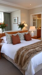 Fototapeta premium Luxury bedroom interior with bed, pillows, throw blanket, floral arrangements, and bathroom view