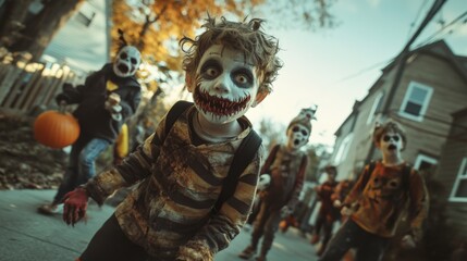 Fototapeta premium Spooky children in Halloween costumes playing outdoors.
