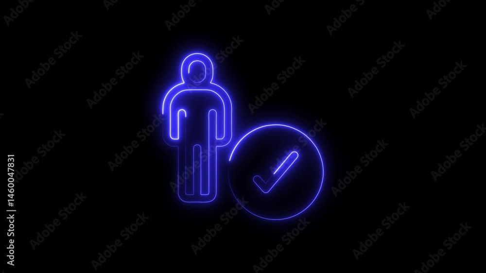 Poster blue neon person with check mark confirmation on dark background animation