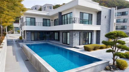 Fototapeta premium Luxury Modern Home with Pool - Stunning modern house with a private swimming pool, set against a backdrop of lush greenery. Ideal for luxury real estate listings