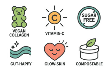 Functional-snack icons merging bear, spark, badge, wave, heart, lid