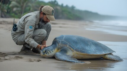 Man in uniform examining a large sea turtle on a sandy beach near the ocean shoreline