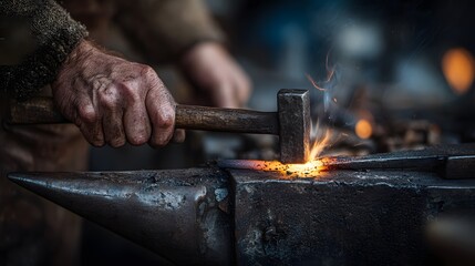 A blacksmith forging metal with a hammer on an anvil creating sparks in a dark and industrial setting