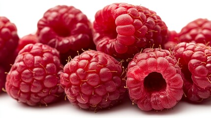 Isolated Fresh Raspberries Displaying Delicate Drupelet Texture and Vibrant Natural Bright Red Highlights Captivating Summer Freshness