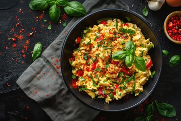 spicy spanish scrambled eggs with chorizo, garlic, bell peppers, and cumin, a flavorful brunch option