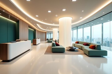‎Futuristic Modern Office Reception with Sage Green Seating and Teal Acoustic Panels – Minimalist Interior Design with LED Pillar and City View