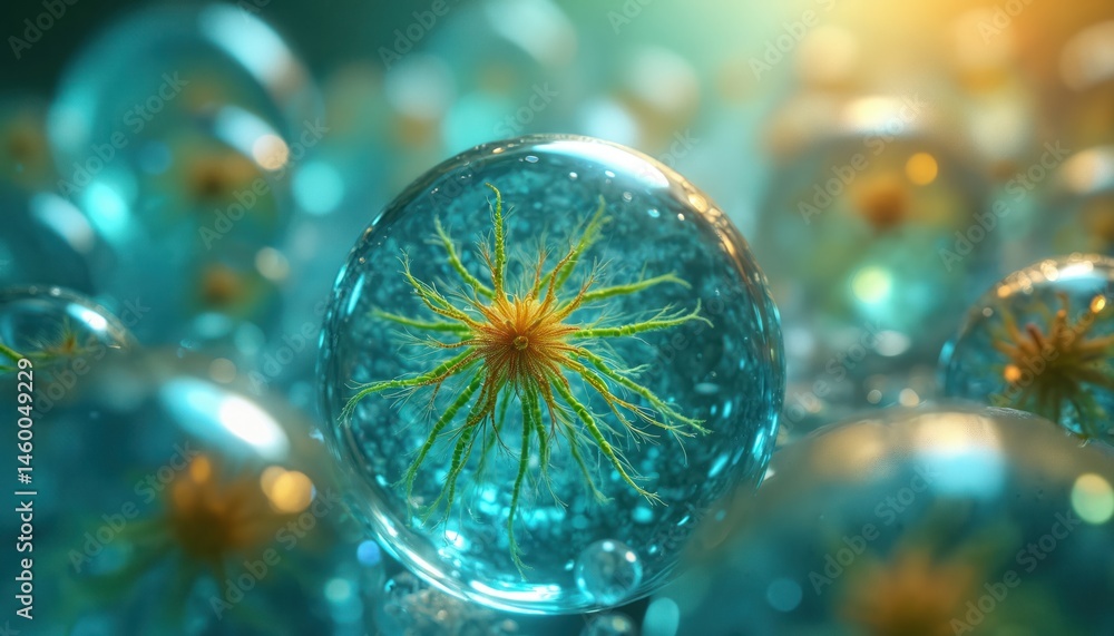 Poster microscopic view of microorganisms inside water droplets. biological structure in a water sphere. sc