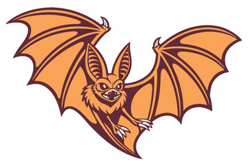 61 Stylized bat illustration, large pointed ears, wide-spread wings, orange and brown color scheme, symmetrical design, fierce expression, cartoon style, vector art, Halloween themed, detailed wing me