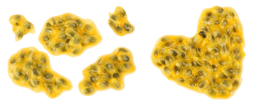 passion fruits seeds isolated on white background. maracuya . Top view. Flat lay