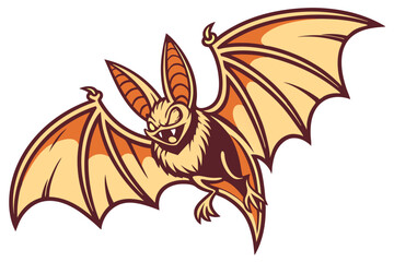 61 Stylized bat illustration, large pointed ears, wide-spread wings, orange and brown color scheme, symmetrical design, fierce expression, cartoon style, vector art, Halloween themed, detailed wing me