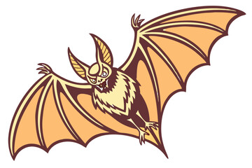 61 Stylized bat illustration, large pointed ears, wide-spread wings, orange and brown color scheme, symmetrical design, fierce expression, cartoon style, vector art, Halloween themed, detailed wing me