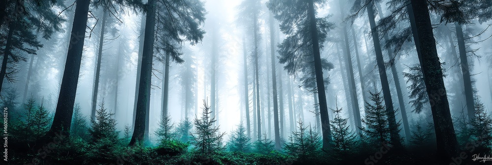 Poster misty forest path - serene of a fog-shrouded forest path, tall trees create a mystical atmosphere