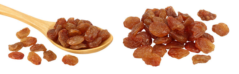 Brown raisins in wooden spoon isolated on white background with  full depth of field