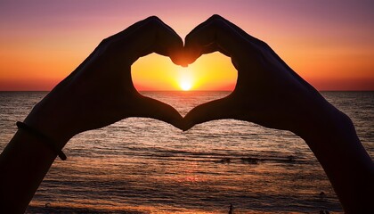 Hands Forming Heart Shape at Sunset Over Ocean