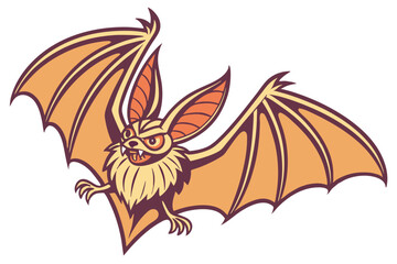61 Stylized bat illustration, large pointed ears, wide-spread wings, orange and brown color scheme, symmetrical design, fierce expression, cartoon style, vector art, Halloween themed, detailed wing me
