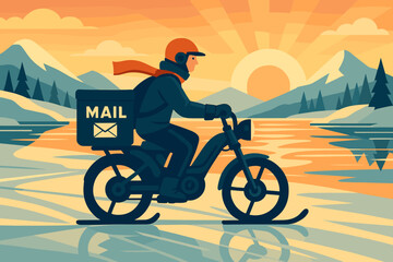 Flat winter-logistics scene with e-bike, mail satchel, and golden sky