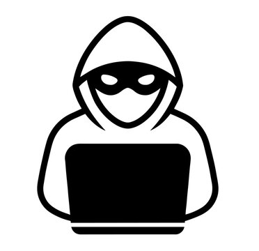 black hooded hacker using laptop clip art preview