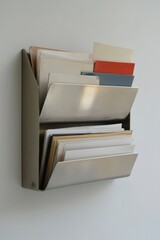 Modern vertical metal wall file organizer filled with assorted folders and office documents

