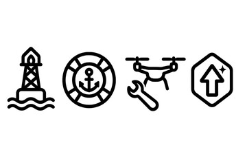 Buoy-tech icons linking lamp, ring, wrench, and badge