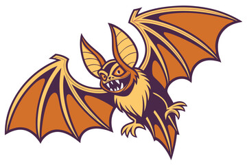 61 Stylized bat illustration, large pointed ears, wide-spread wings, orange and brown color scheme, symmetrical design, fierce expression, cartoon style, vector art, Halloween themed, detailed wing me