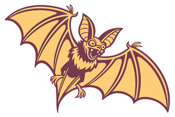 61 Stylized bat illustration, large pointed ears, wide-spread wings, orange and brown color scheme, symmetrical design, fierce expression, cartoon style, vector art, Halloween themed, detailed wing me