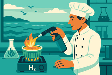 Flat dessert-innovation scene with green custard, H₂ burner, and sea view