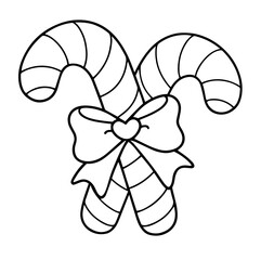 Christmas candy canes with heart bow — black and white holiday Christmas coloring page