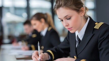 Focused female pilot writing during training session