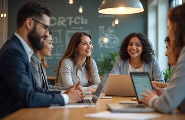 Plakat Group of diverse businesspeople working together in modern office setting. Team members collaborate, discussing ideas. Smiling, happy people use laptops at meeting table. Teamwork, communication,