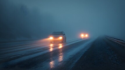 Cars driving on a wet road at night with headlights piercing through the heavy fog and mist ahead