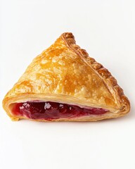 Triangular cherry turnover pastry with golden flaky crust and red fruit filling on white background

