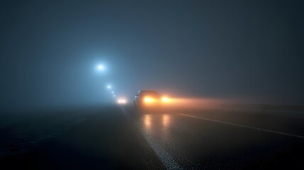 Vehicles on a road at night with headlights shining through thick fog creating a blurry effect