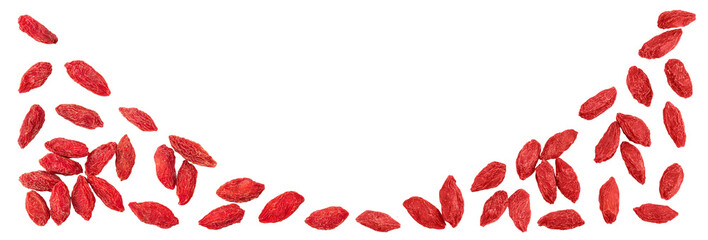 Dried goji berries isolated on white background. Top view with copy space for your text. Flat lay.