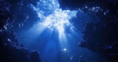 Sunlight beams through underwater cave