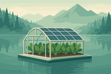 A flat scene unfolds with ag-tech elements, including PV rafts, spinach beds, and foggy peaks