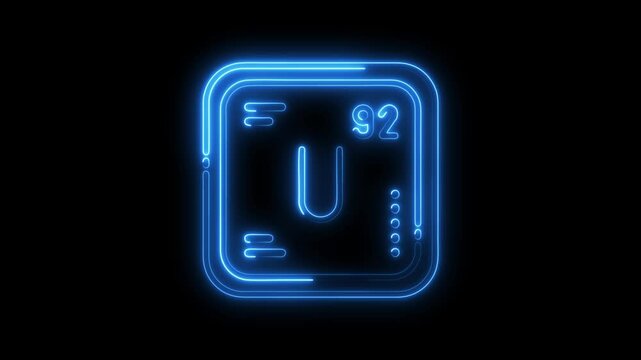 Glowing neon uranium element symbol with atomic number on black background for science education