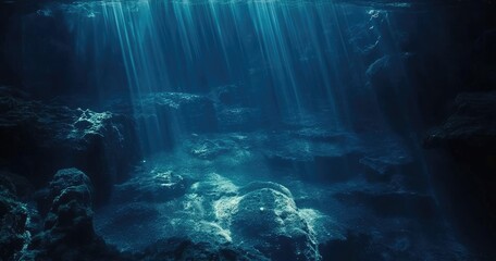 Underwater cave, sunlight beams through dark water