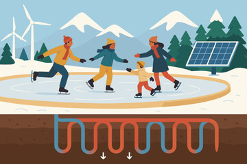 The scene is set with a flat sport-green backdrop, complete with skaters, a pipe schematic, and trees covered in frost