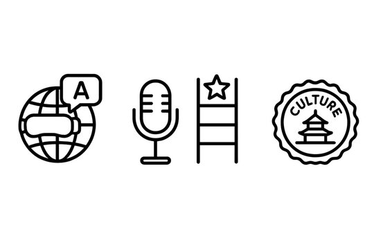The Language-VR icons integrate images of a globe, mic, ladder, and badge