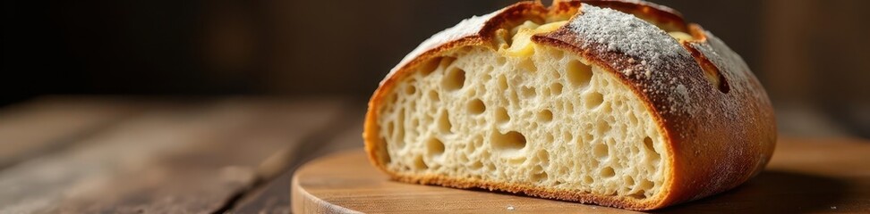 Rustic sourdough bread, brown crust, grainy interior, rye, sourdough