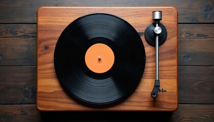 Top view retro vinyl record player on wooden background. Old audio equipment classic player with black vinyl record. Turntable plays music, audio technology. Vintage turntable with needle. Disc audio.