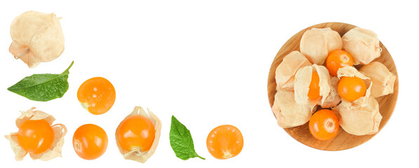Cape gooseberry or physalis in wooden bowl isolated on white background wit with full depth of field. Top view. Flat lay