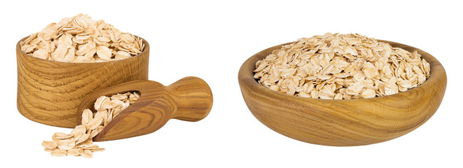 Oat flakes in wooden bowl and scoop isolated on white background with full depth of field