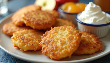 Close-up of crispy golden latkes on white plate with sour cream and applesauce. Traditional holiday dish, potato pancakes, tasty fried meal. Festive Hanukkah meal, gourmet, delicious.