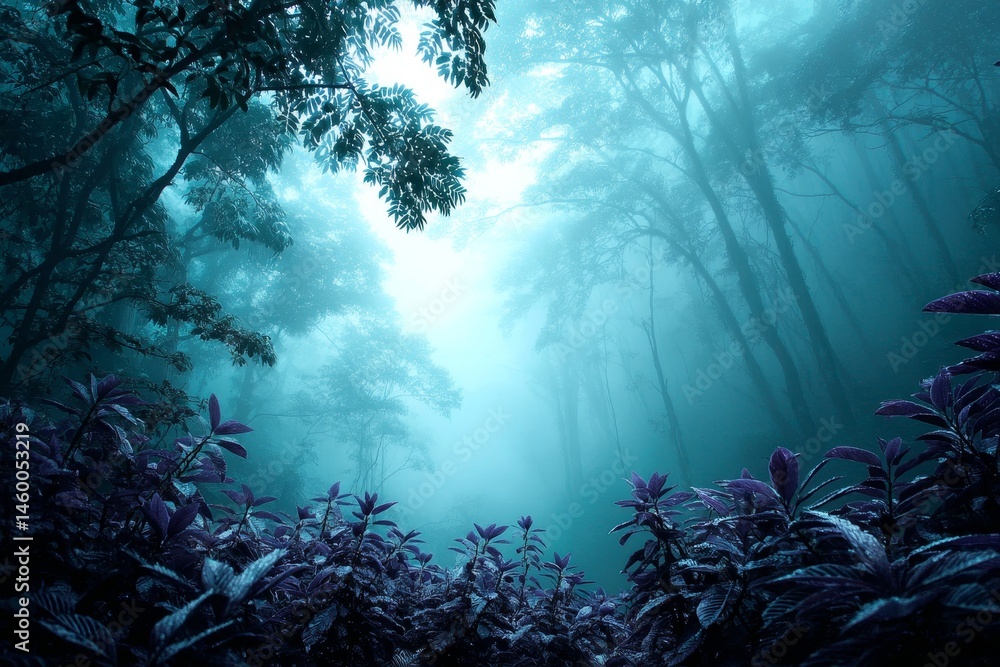 Poster mystical foggy forest path - serene path through a misty forest, bathed in an ethereal teal light. p