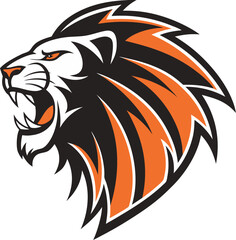 A stylized tiger head vector with sharp lines and bright orange fur, contrasted against a simple white background, ideal for logos or playful designs