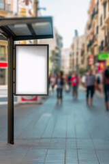 Outdoor Flyer Display Mockup at a bus stop with blank space, vibrant and bustling city background