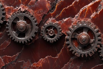 Rusty gears on a textured surface.  Interlocking cogs on a dark reddish-brown, cracked background