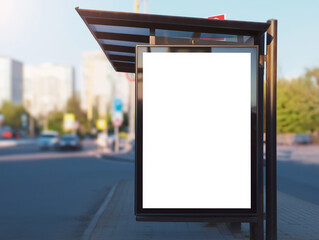 Outdoor Flyer Display Mockup at a bus stop with blank space in a city background, sleek and modern design