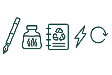 Icons representing eco-stationery include a pen, bottle, planner, bolt, and arrow